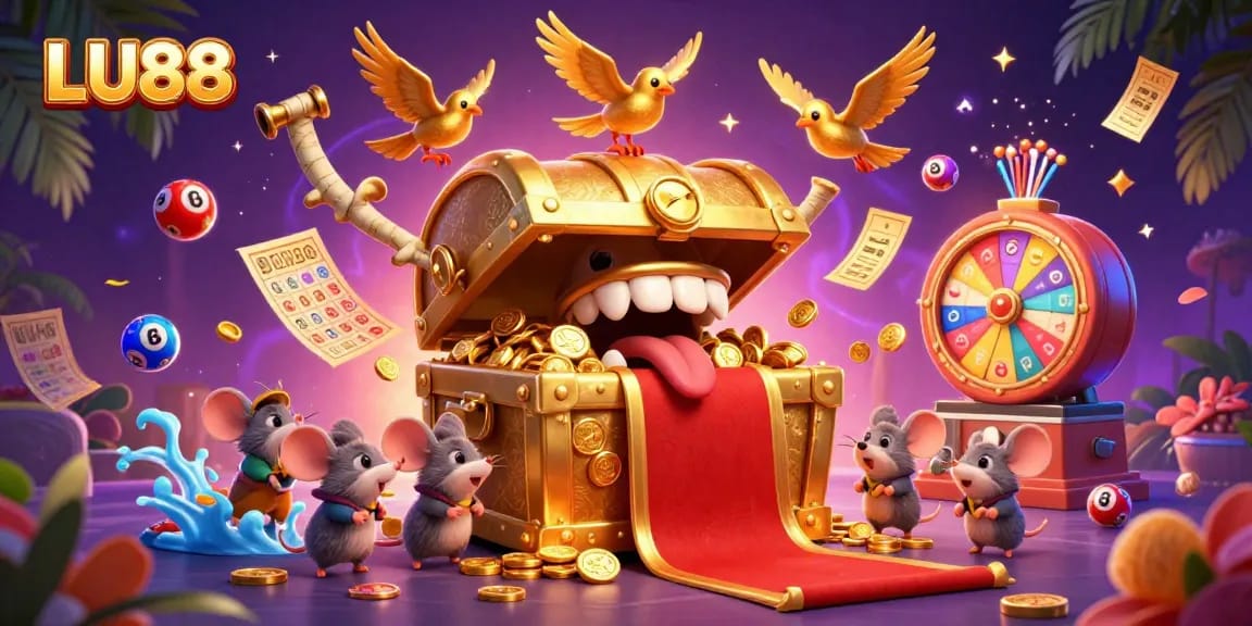 LU88 invites players to chance their luck with vibrant lottery balls and a treasure chest of rewards.