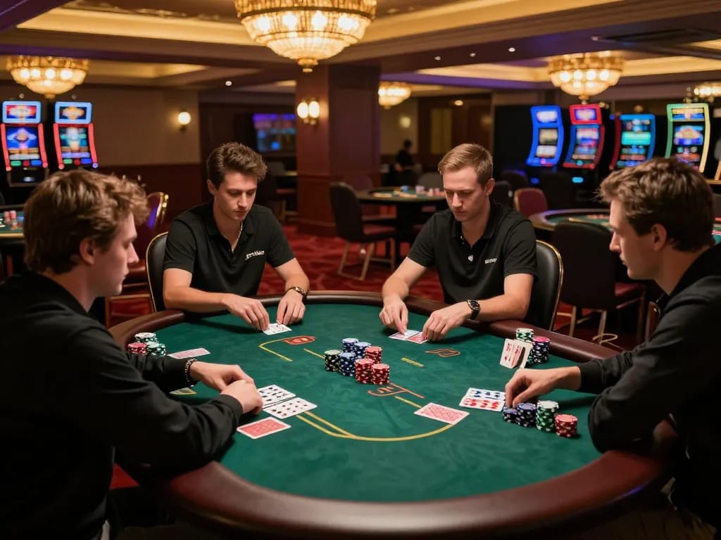 RR88 players strategizing their bets at an upscale poker table, illuminated by warm casino lights.