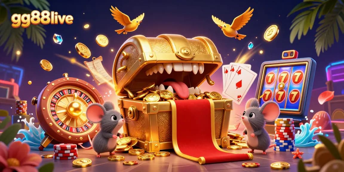 Experience the excitement of gg88live with dynamic casino elements and treasures galore in this captivating illustration.