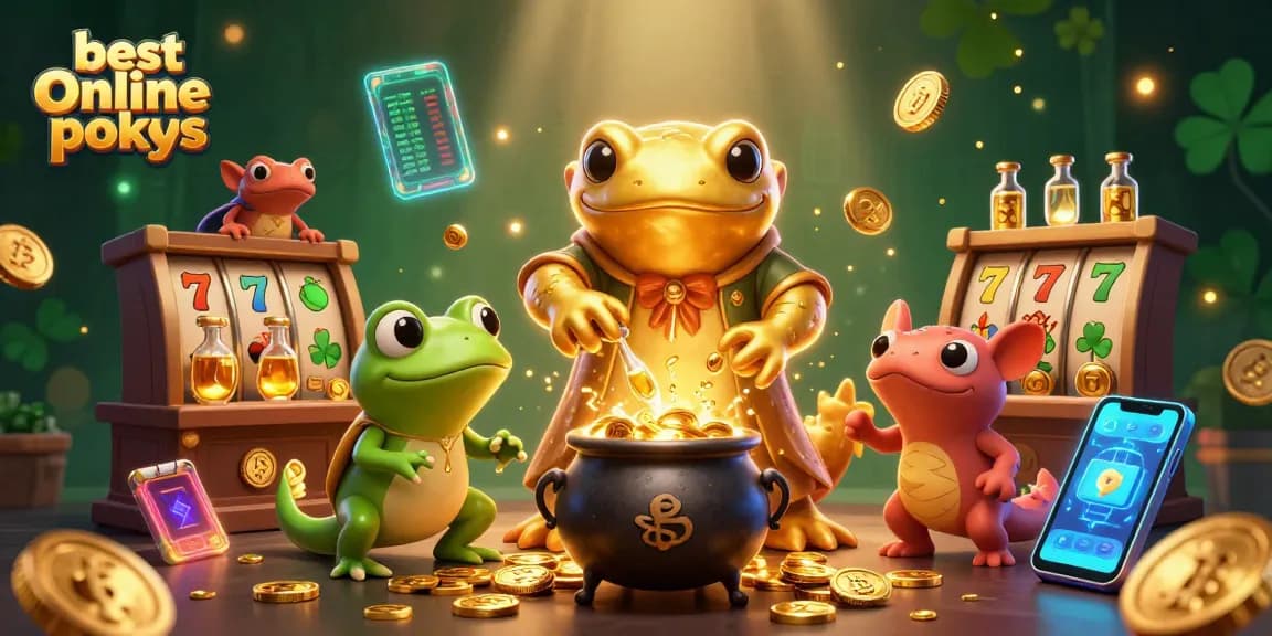 Experience the excitement of the best online pokies with vibrant slots and golden charms depicted in a magical scene.