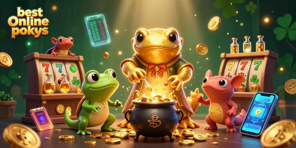 Experience the excitement of the best online pokies with vibrant slots and golden charms depicted in a magical scene.