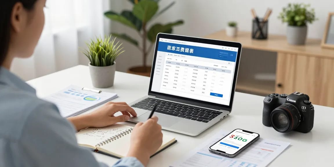 Calculating cuota hipoteca in a modern home office setting with financial documents and laptop.
