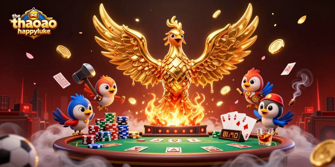 Bet big with the thao ao happyluke in an immersive 3D casino scene where golden coins rain down.