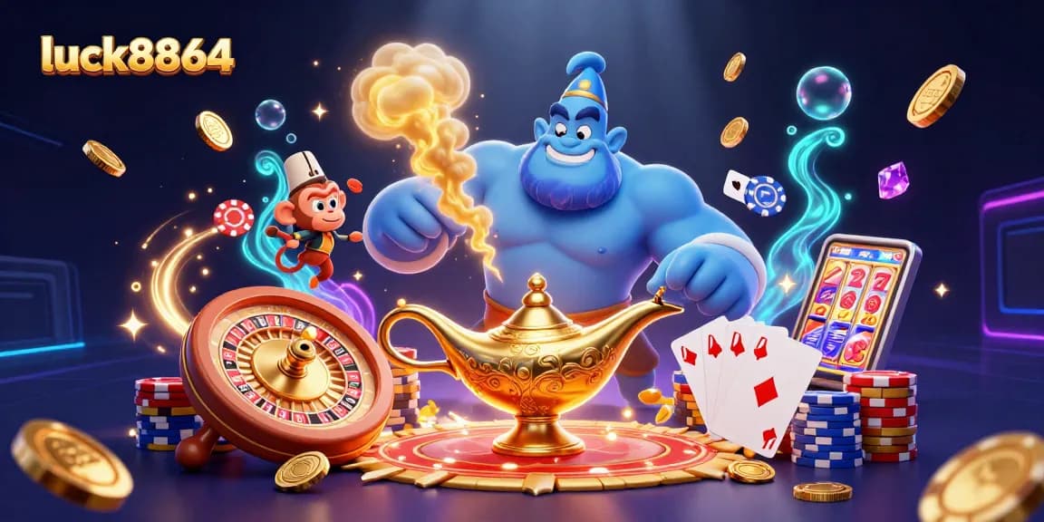 Engage in thrilling gameplay at luck8864 with a vibrant casino scene featuring a genie and poker elements.