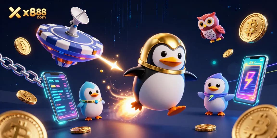 Experience the excitement at xx88 com with a penguin rocket soaring to a glowing casino hub.