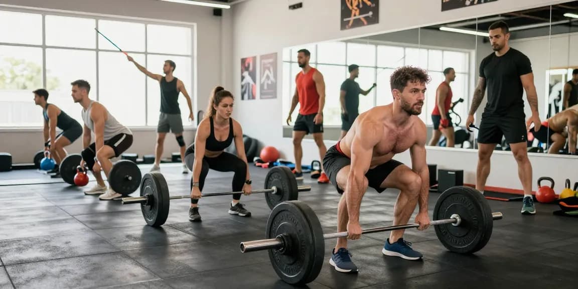 Atletas de fitness de Esteroidesshop entrenando con pesas en un entorno de gimnasio vibrante
