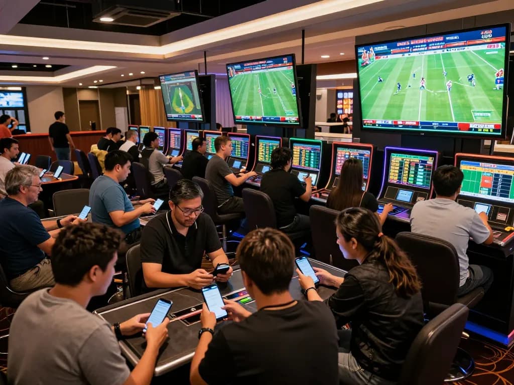 Engaging scene of sports bettors analyzing tỷ lệ kèo on mobile devices while placing bets in a lively casino setting.