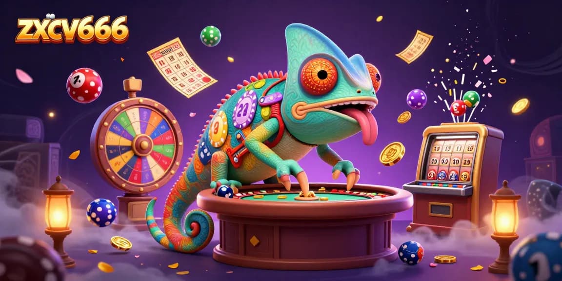 Experience zxcv666's vibrant casino world with colorful games and lucky elements in an engaging 3D illustration.