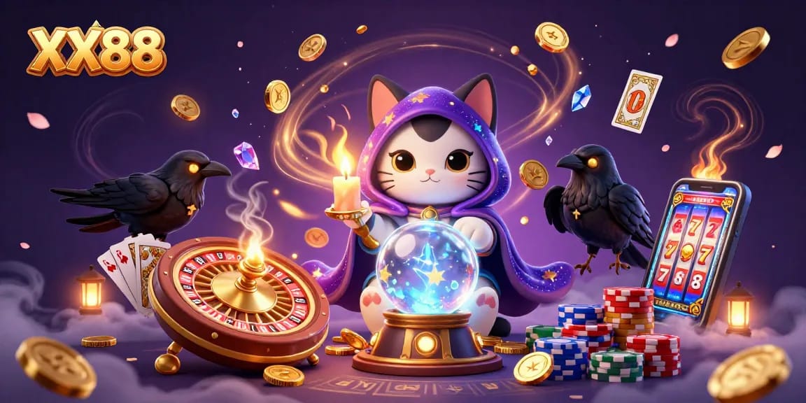 Experience the magic of XX88 gaming with a captivating scene of fortune, fortune teller cat, and tarot raven.