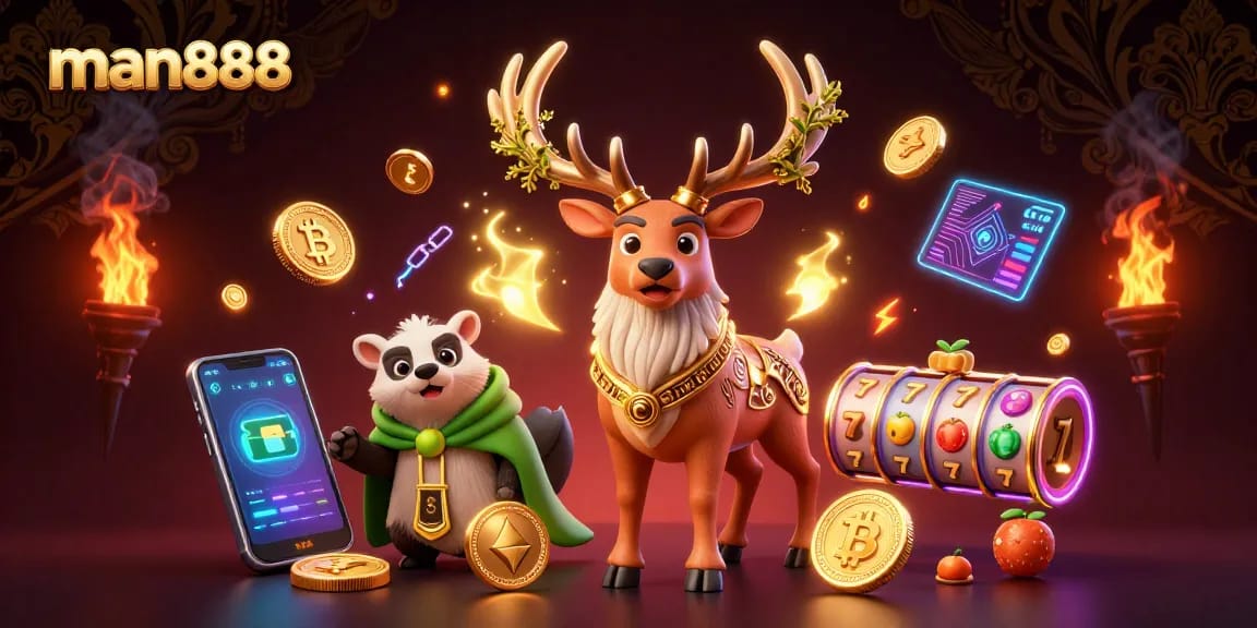 Bet on thrilling adventures with man888 at this vibrant crypto casino scene filled with winning slots!