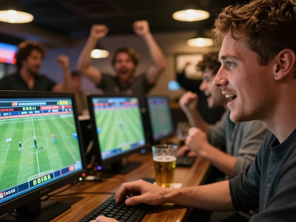 Engaged gambler analyzing tỷ lệ kèo nhà cái on live sports screens during an exciting sports betting event