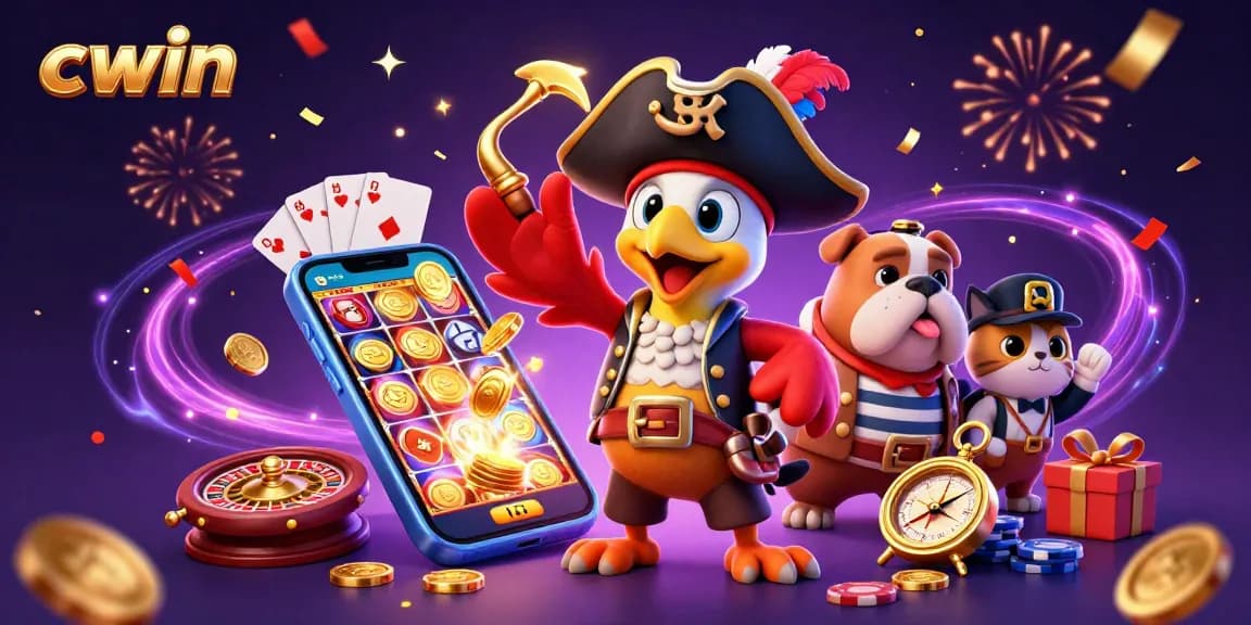 Cwin platform showcases exciting gaming options with vibrant characters amid casino symbols.