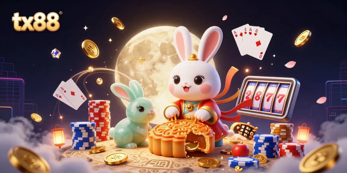 tx88 spins luck with a moon rabbit pounding mooncakes revealing poker chips amidst golden casino chaos