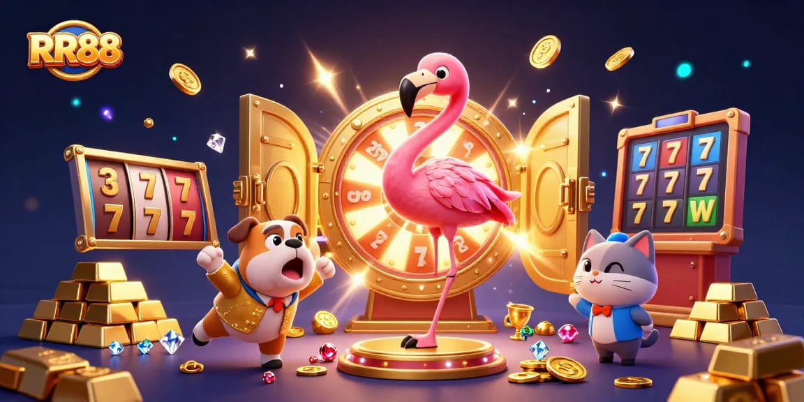 Experience the thrilling RR88 slot adventure with a dynamic game show scene featuring exciting prizes and characters.