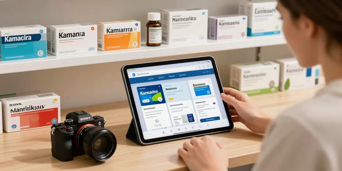 Comprar kamagra España online in a modern pharmacy setup showcasing various medications and a user browsing through options.