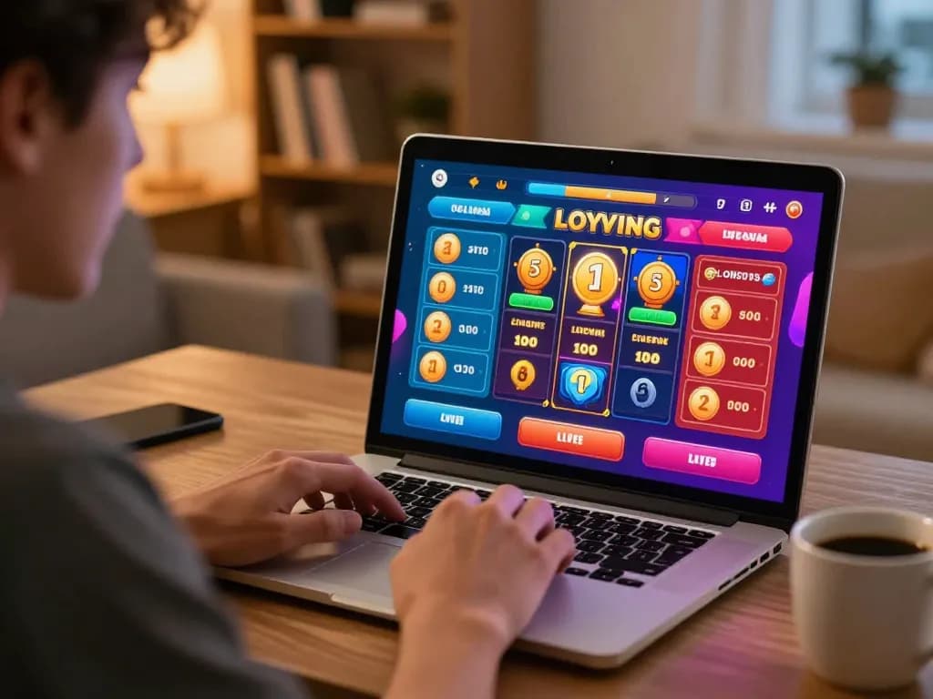 Engaging in đánh đề online with lottery platform interface on laptop, cozy home setting.