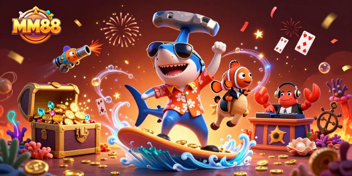 Experience thrilling jackpots at MM88 with vibrant characters surfing on gold coins and playing cards.