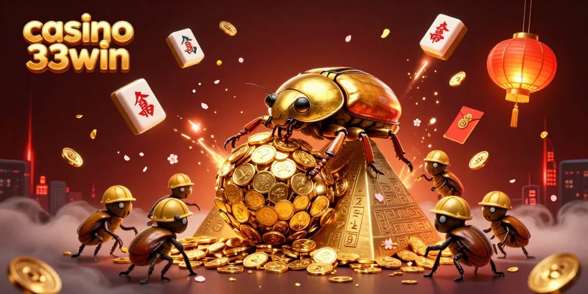 Experience thrilling gameplay at casino 33win with a vibrant 3D scene of golden beetles amidst casino symbols.