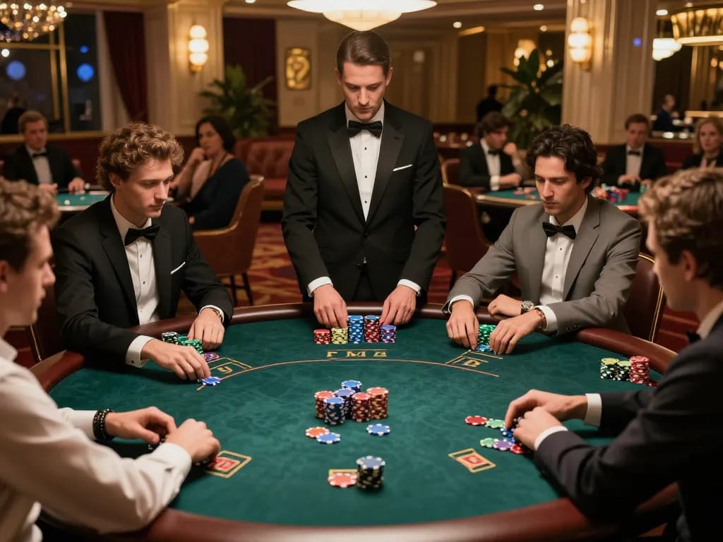Engaged players strategizing their bets at a luxurious poker table 78WINCOM in a casino.