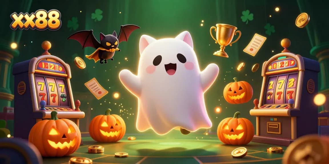 Experience thrilling gaming adventures at xx88 with a friendly ghost cat and vampire bat in a vibrant casino.