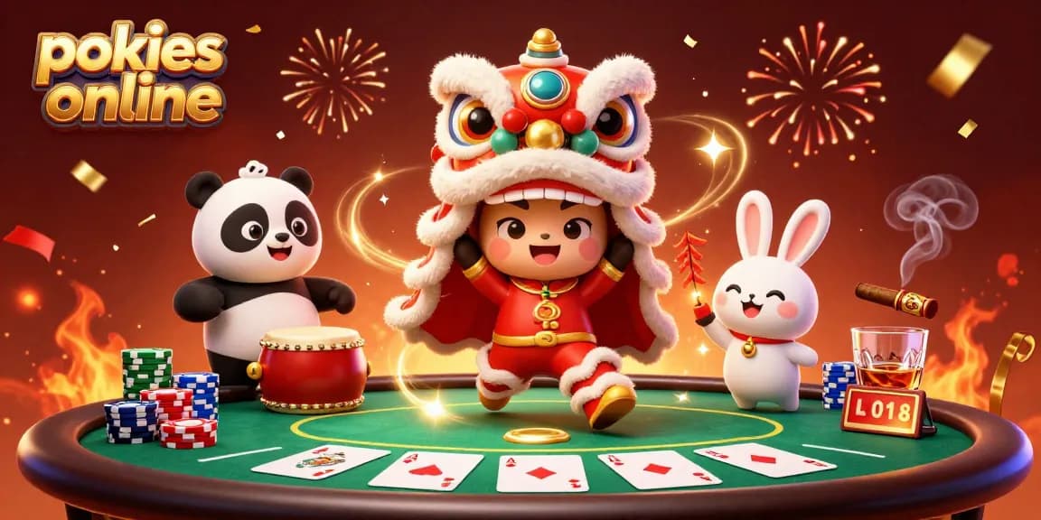Experience the excitement of pokies online with a vibrant scene of a lion dance, drumming panda, and poker elements.