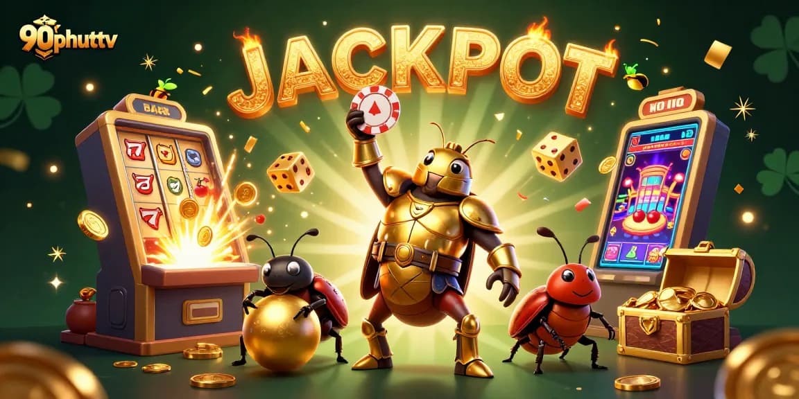 Engage with 90phuttv's dynamic 3D illustration of a victory beetle lifting a poker chip in an exciting gambling atmosphere.