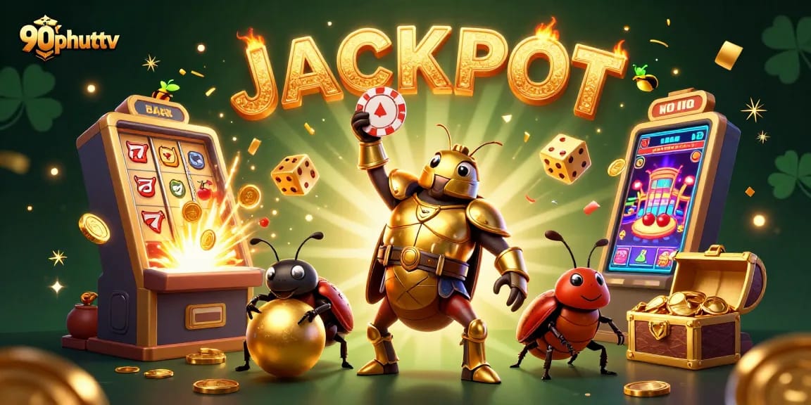 Engage with 90phuttv's dynamic 3D illustration of a victory beetle lifting a poker chip in an exciting gambling atmosphere.