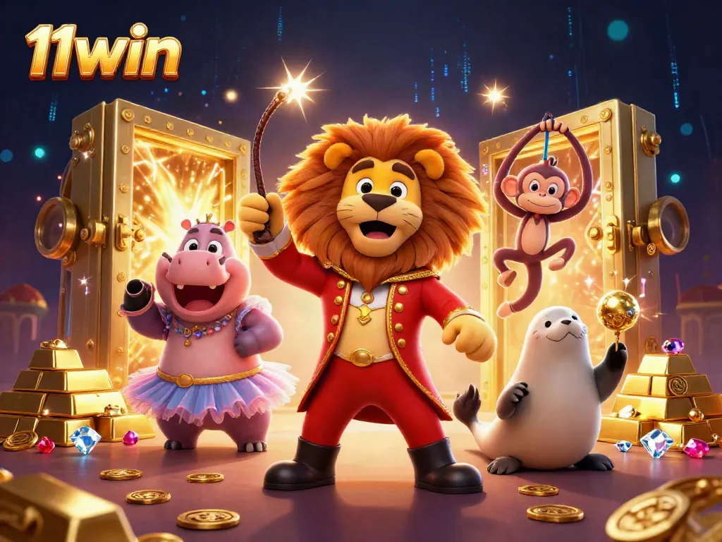 Engage in thrilling gameplay with 11win at this vibrant 3D circus-themed casino illustration, featuring lively characters and treasures.