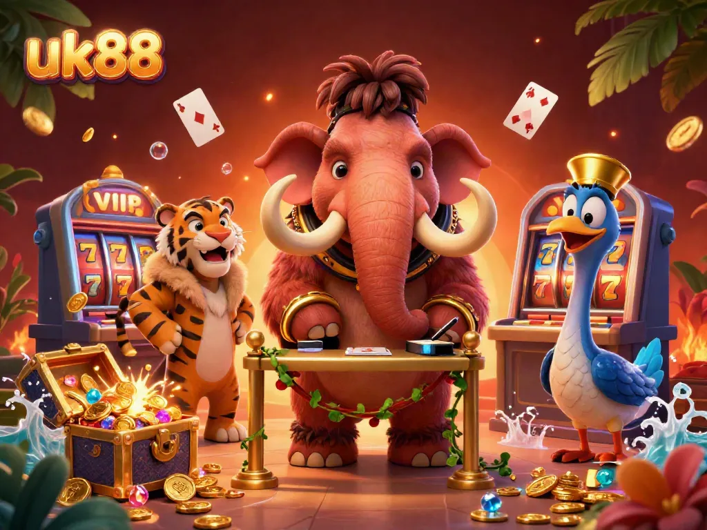 Experience thrilling games at uk88, featuring a woolly mammoth casino bouncer amidst vibrant slots and gold treasures.
