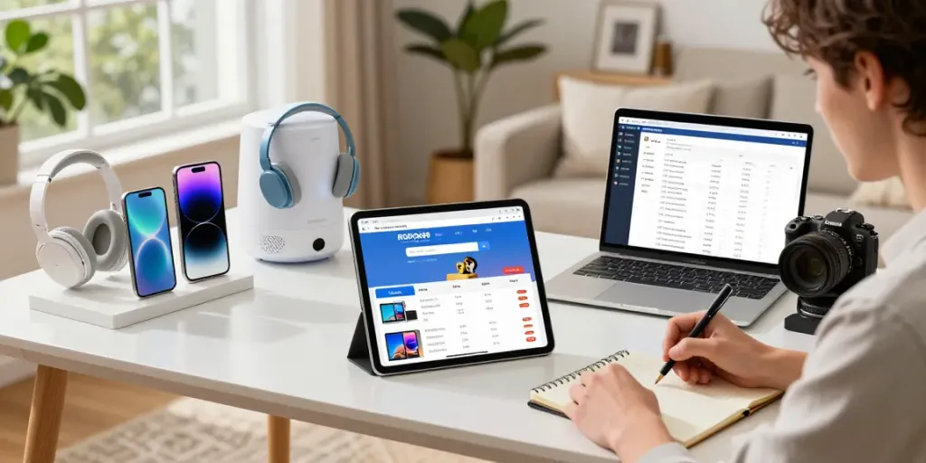 User browsing rokok88 link login on a tablet amidst various electronics in a modern living room.