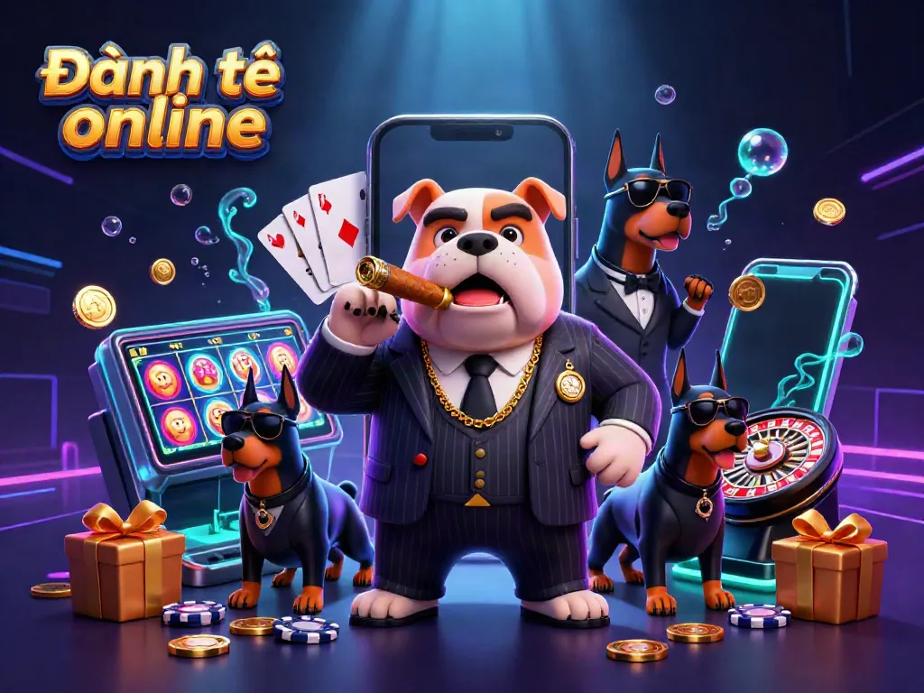 Experience Đánh đề online with a vibrant scene featuring a mafia bulldog, Doberman bodyguards, and exciting game elements.