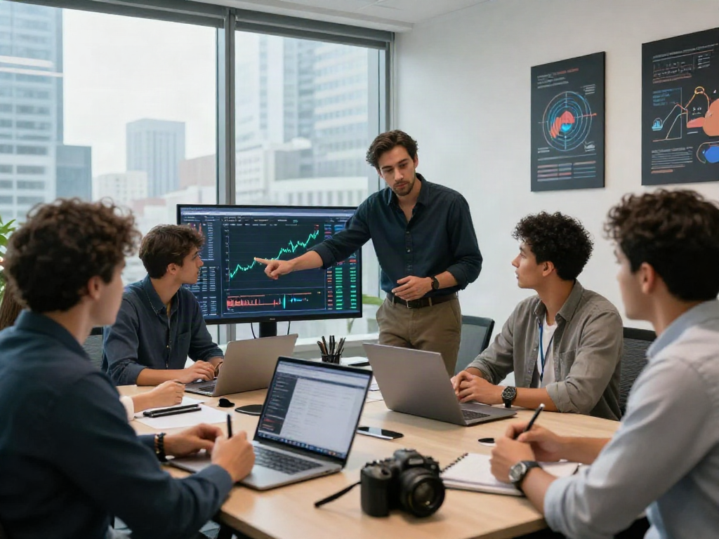Comprar criptomonedas en una reunión sobre inversiones, grupo diverso de profesionales analizando gráficos y tendencias del mercado.