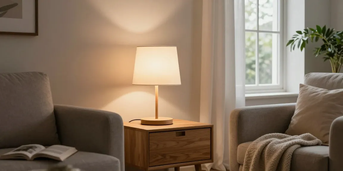 Stylish lampara mesita noche nordica illuminating a cozy reading nook.