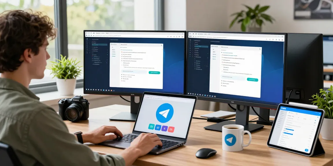 Developer coding on dual monitors showcasing Telegram Web Version in a modern workspace.