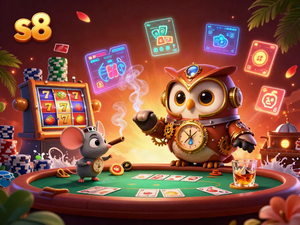 S8's vibrant gaming scene illustrates a casino environment featuring slot machines, poker chips, and engaging characters.