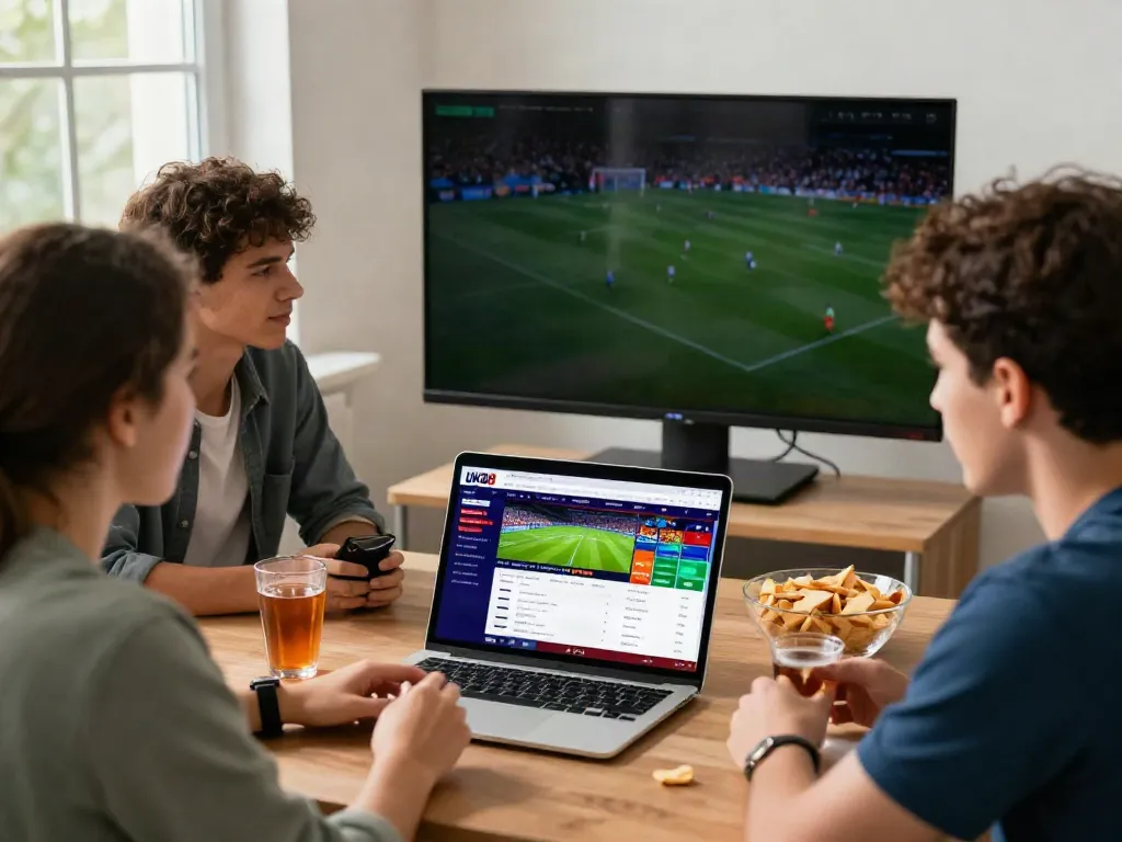 Exciting UK88 online betting scene with friends enjoying sports betting, laptop showing live match scores.