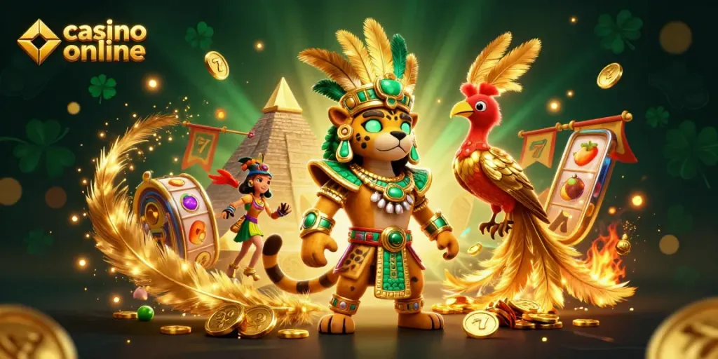 Disfruta de una emocionante experiencia en un casino online con personajes mayas y tragamonedas en un entorno vibrante.