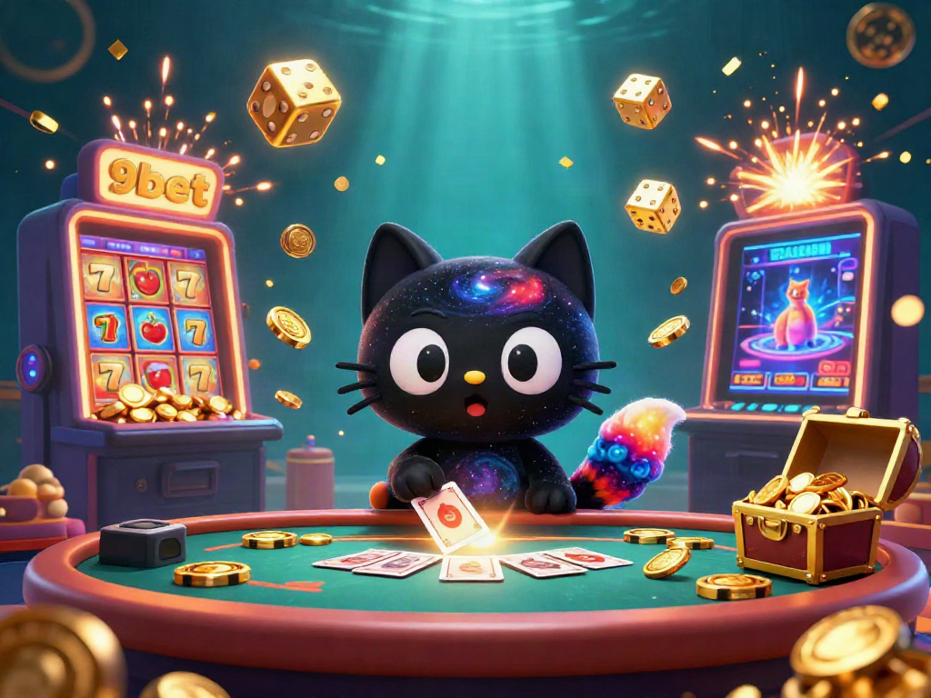 Engage with 9bet's cosmic casino world filled with vibrant illustrations of gaming action.