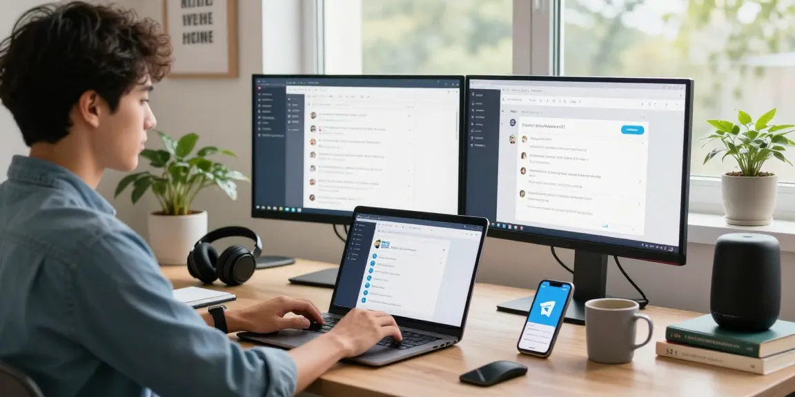 Accessing Telegram Web from a modern home office with dual monitors.