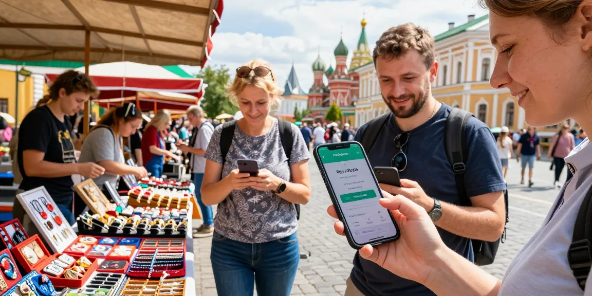 Uso de la aplicación https://payinrussia.com/ para pagos digitales en un vibrante mercado ruso con turistas y vendedores locales.
