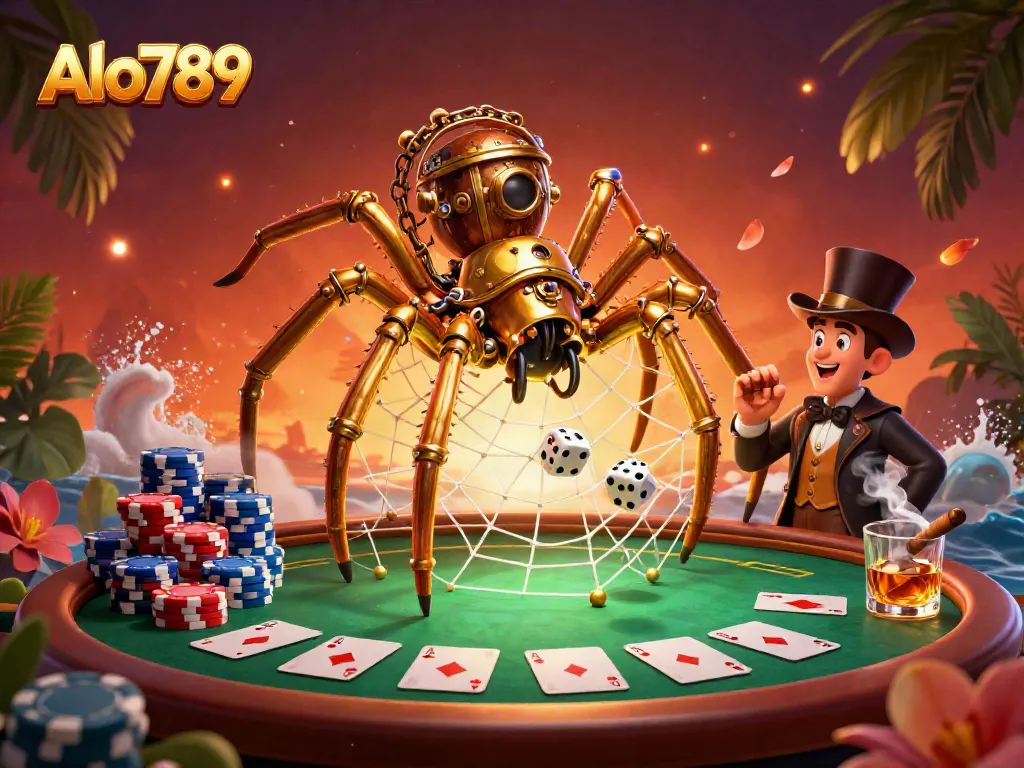 Alo789 captivates poker fans with a steampunk spider and amusing fly in a detailed gambling scene.