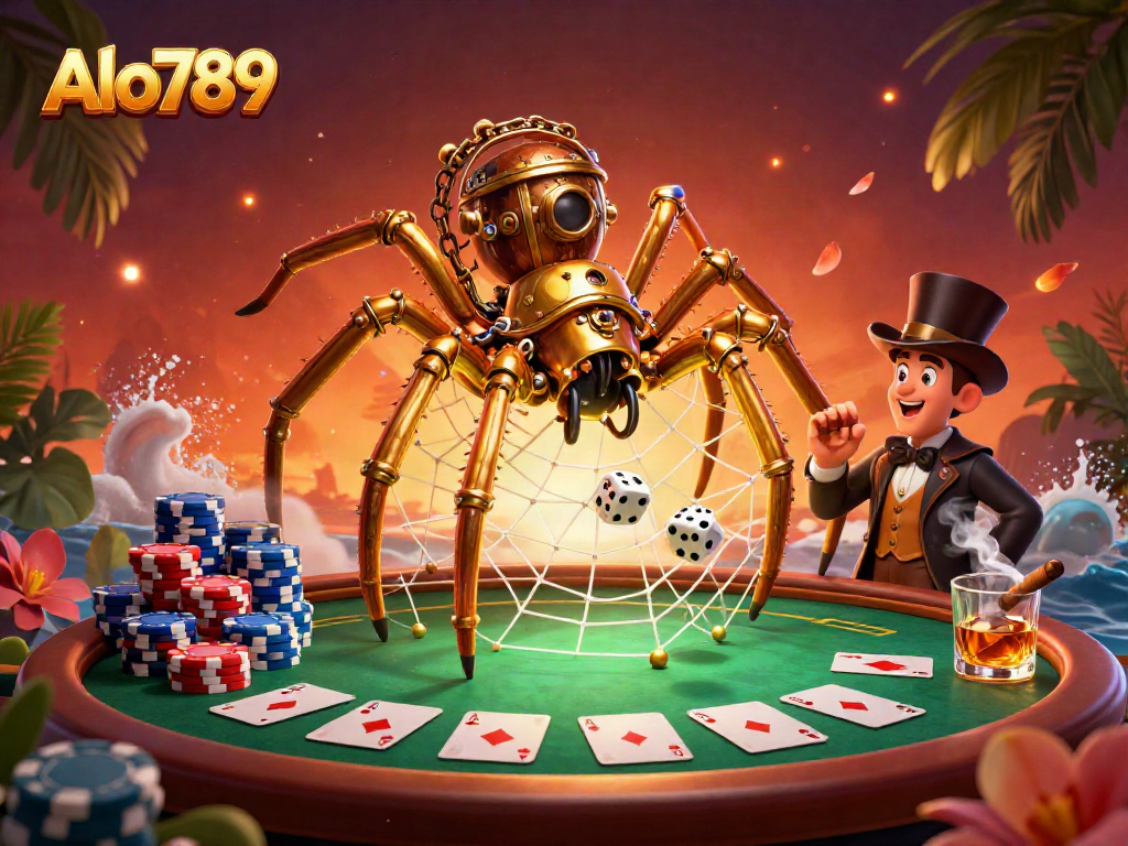 Alo789 captivates poker fans with a steampunk spider and amusing fly in a detailed gambling scene.