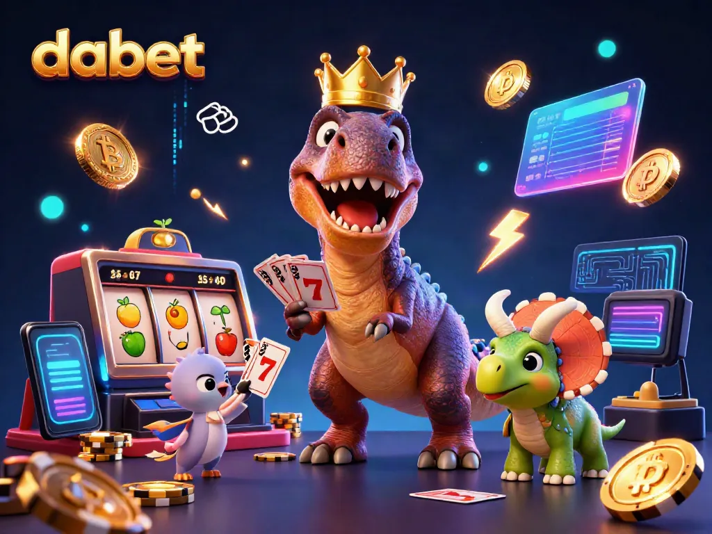 Dabet's exciting casino scene with a T-Rex shuffling cards and friends stacking chips.