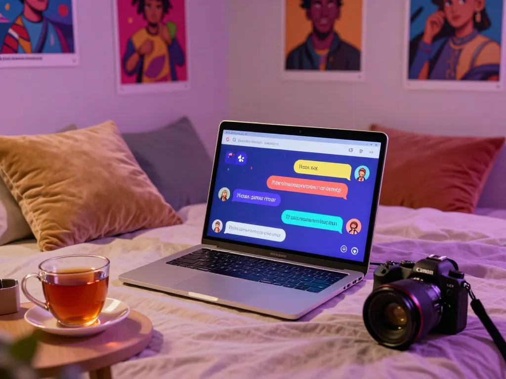 Engaging nsfw chat scene with user interacting with advanced AI chatbot in cozy bedroom.