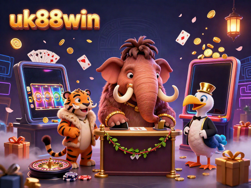 Engage with the vibrant scene of uk88win's 3D casino illustration featuring a woolly mammoth bouncer, saber-tooth tiger, and dodo bird doorman.