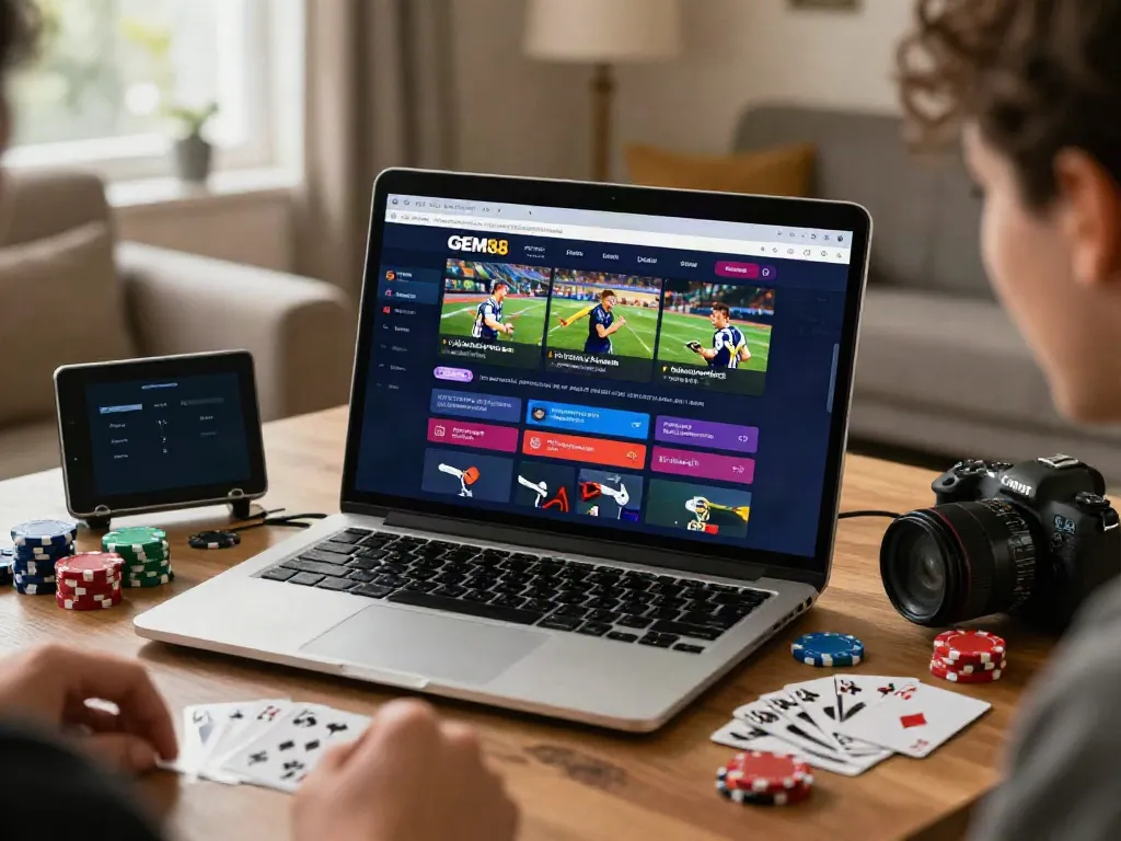 Experience the excitement of sports betting at https://gem88.bz/ in a cozy setting featuring vibrant gaming elements.