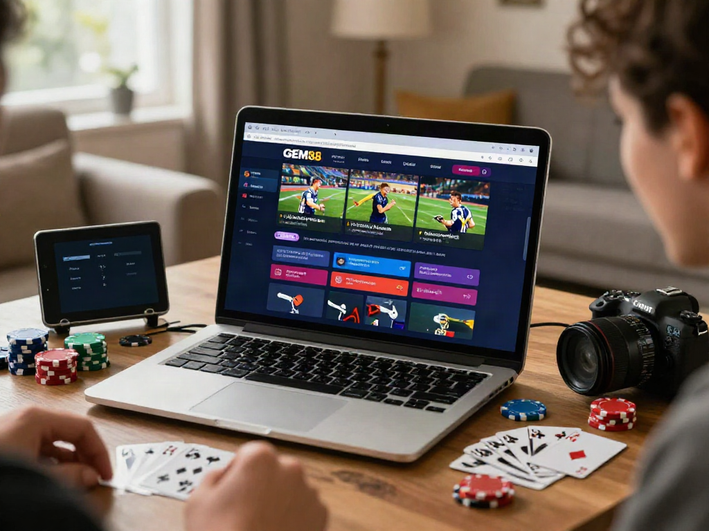 Experience the excitement of sports betting at https://gem88.bz/ in a cozy setting featuring vibrant gaming elements.