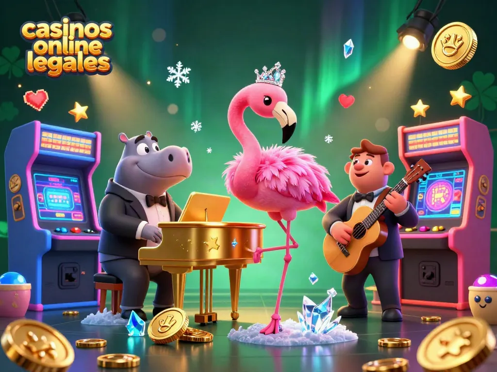Ilustra casinos online legales con un cantante flamenco, un hipopótamo y juegos animados en un artífice dinámico.