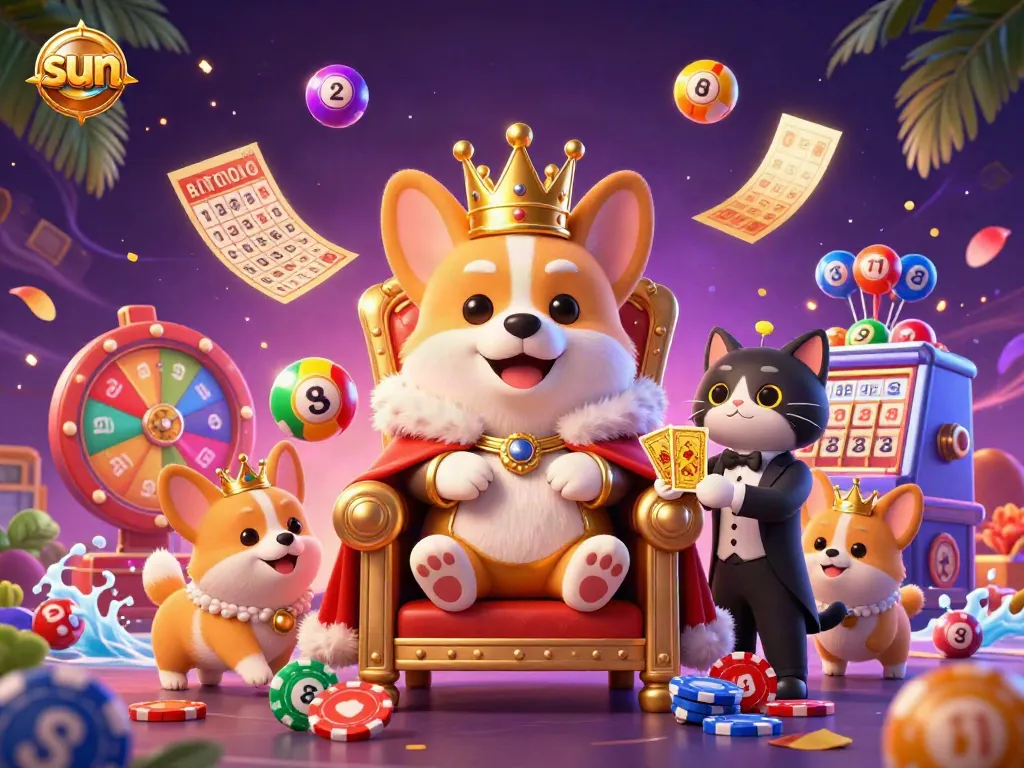 Experience the thrill of winning with the sun-themed casino scene featuring a corgi king and vibrant lottery elements.