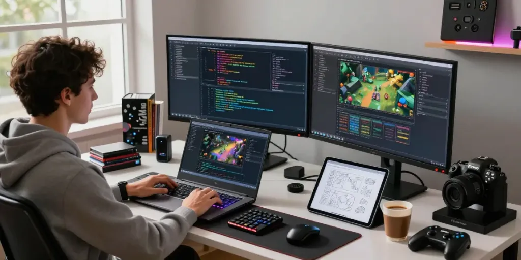 Developer coding on gaming software in a vibrant workspace, situs ggsoft design environment.